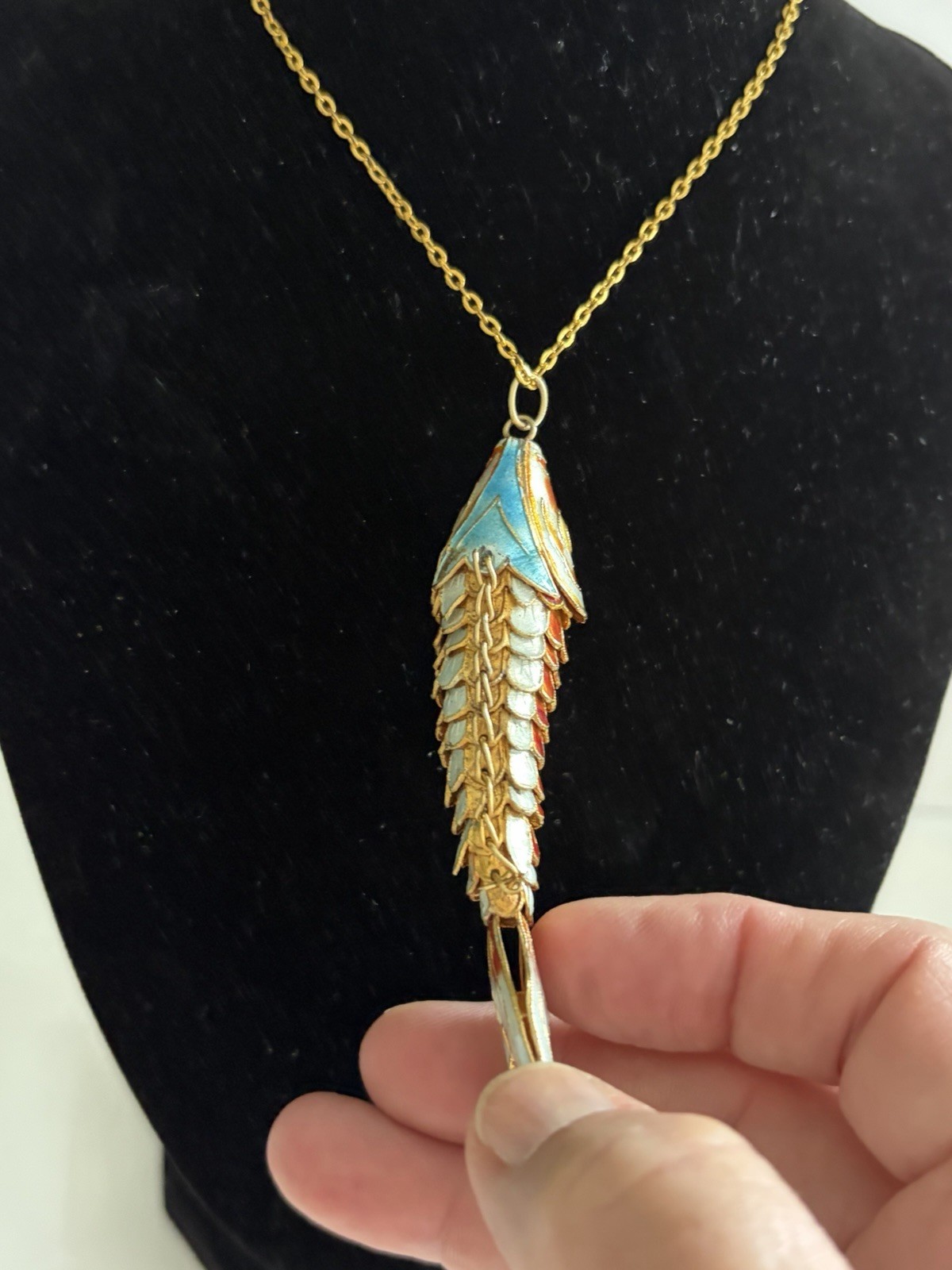 vintage Chinese articulated cloisonné enamel koi fish pendant Estate Jewelry