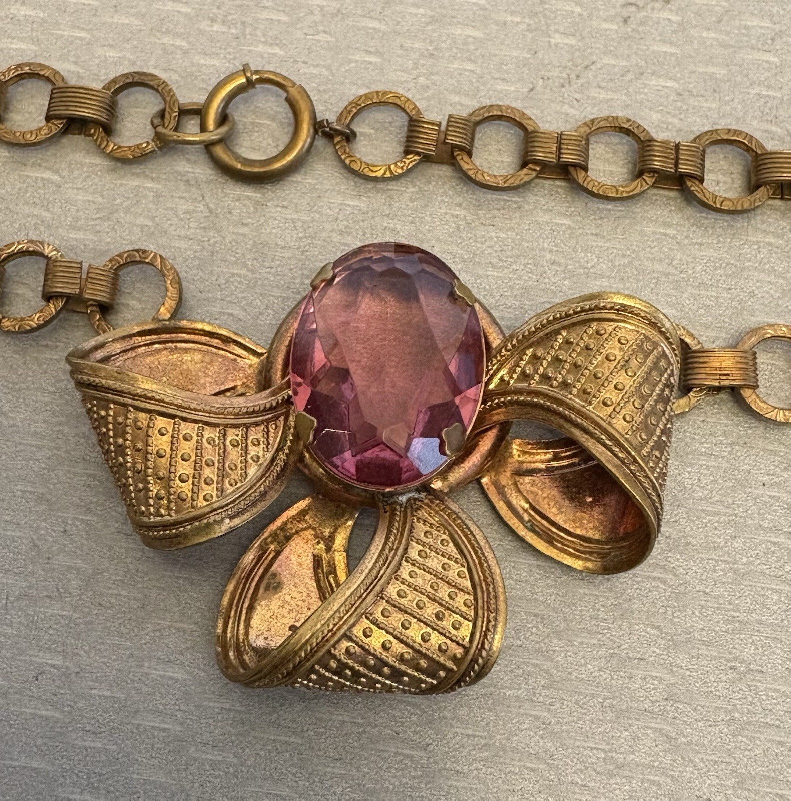 Art Deco Bohemian Pink Glass Brass Bow Pendant Book Chain Choker Necklace 17″