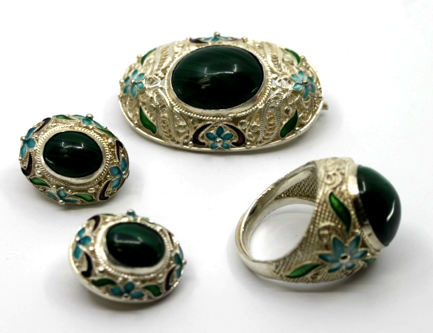 Vintage Chinese Export 925 Silver Enamel Malachite Brooch Earrings Ring Set