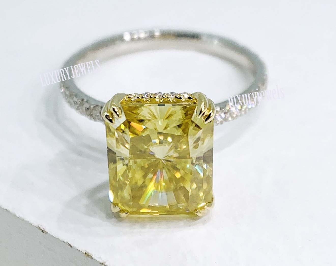 RARE 6.70 Ct Champagne Radiant Cut Solitaire Treated Diamond 925 Silver Ring