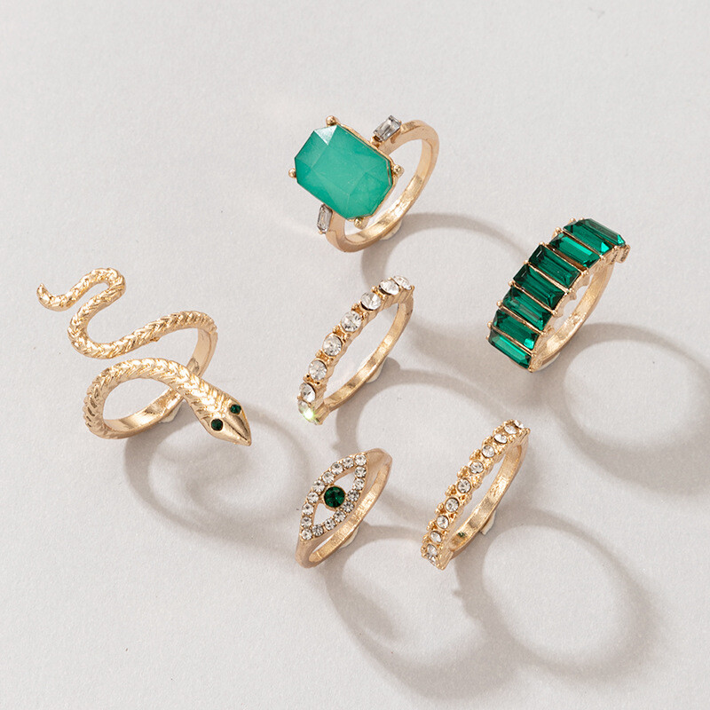 6 pcs Gold Boho Stack Plain Above Knuckle Ring Snake Green Finger Tip Rings Set