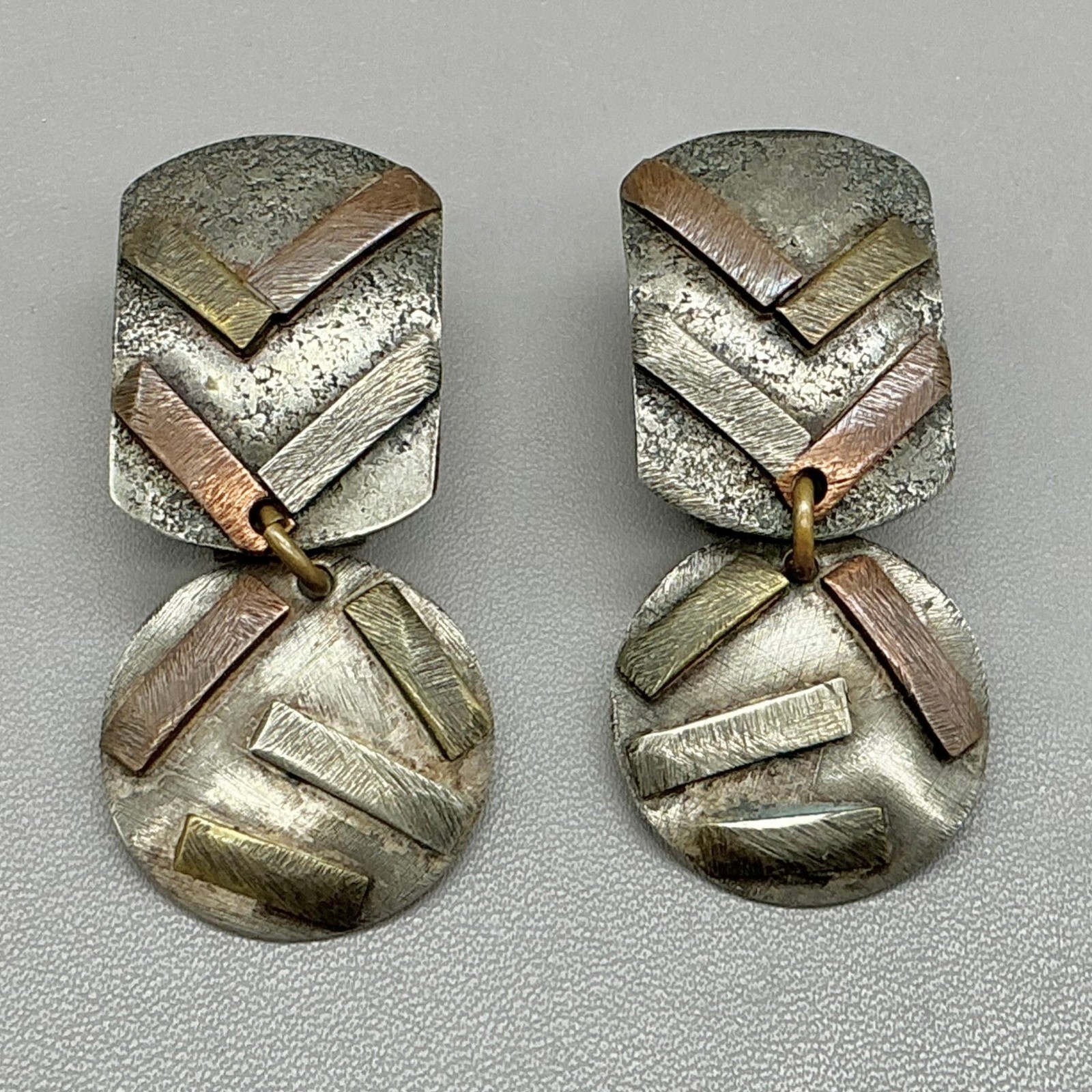 Marjorie Baer Earrings Mixed Metal Modernist Geometric Dangle Pierced 2 Inch