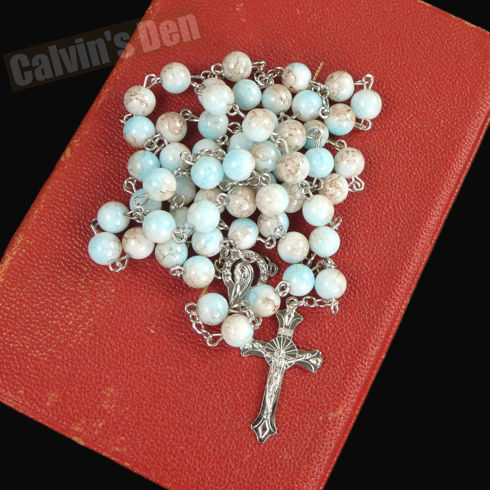Mary with Crown of 12 Stars Crucifix Cross Rosary Marbled Light-Blue Bead Gift