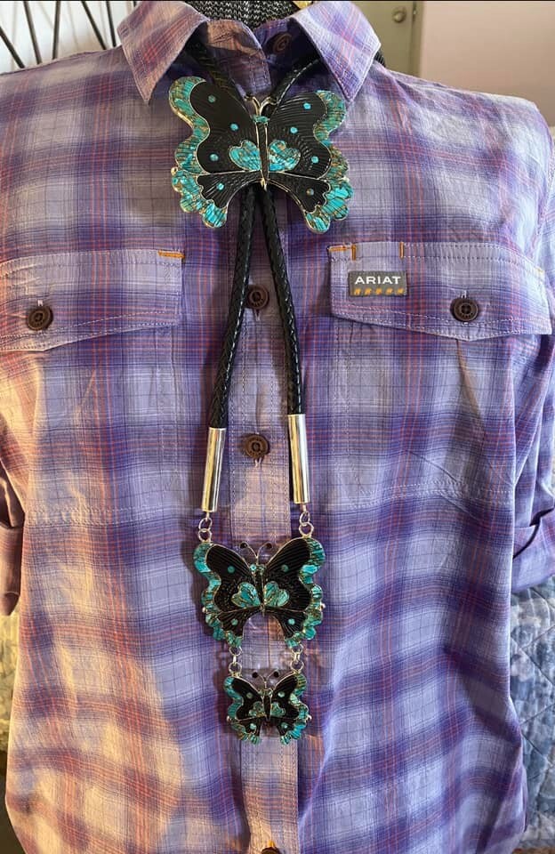 Native American Zuni Tamara Pinto Signed Butterfly Bolo Tie With Matching Tips
