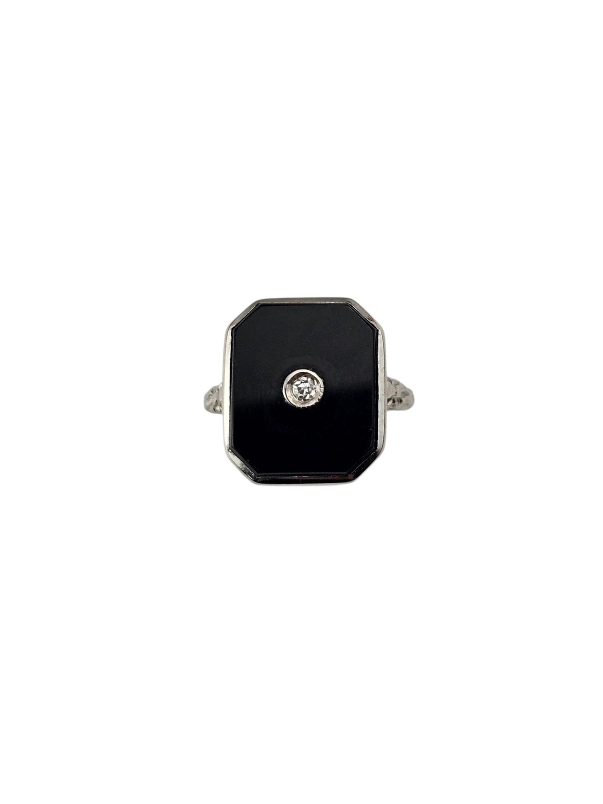 14K White Gold Onyx and Diamond Ring Size 3.5 #24320