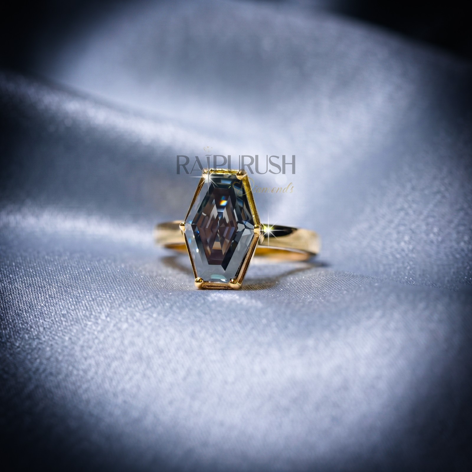Hexagon Dark Grey Moissanite Engagement Ring 925 Silver Gold Plated Women Gift