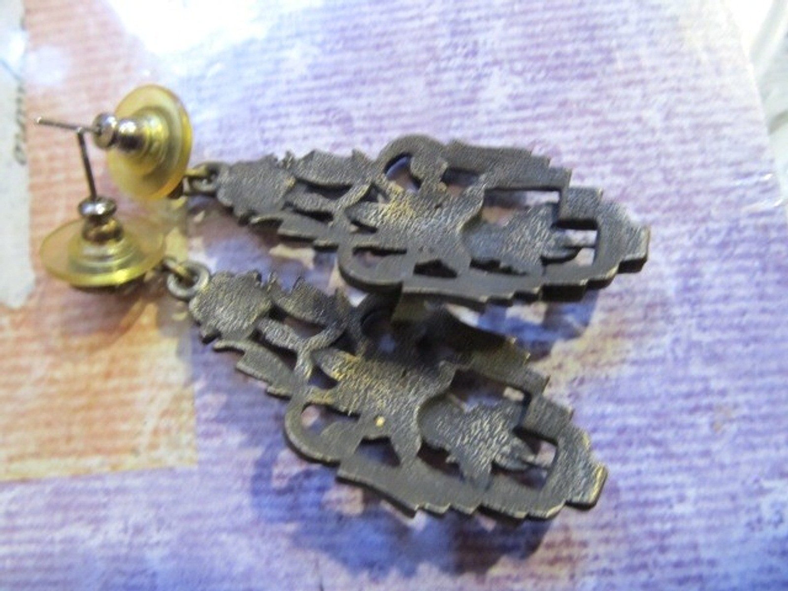 Banana Bob Brass Ox Ornate Floral Theme Pierced Dangle Earrings Nouveau Style