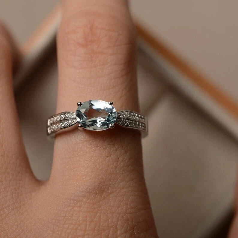 1.37 Ct Oval Cut Natural Aquamarine Diamond Anniversary Ring 14K White Gold