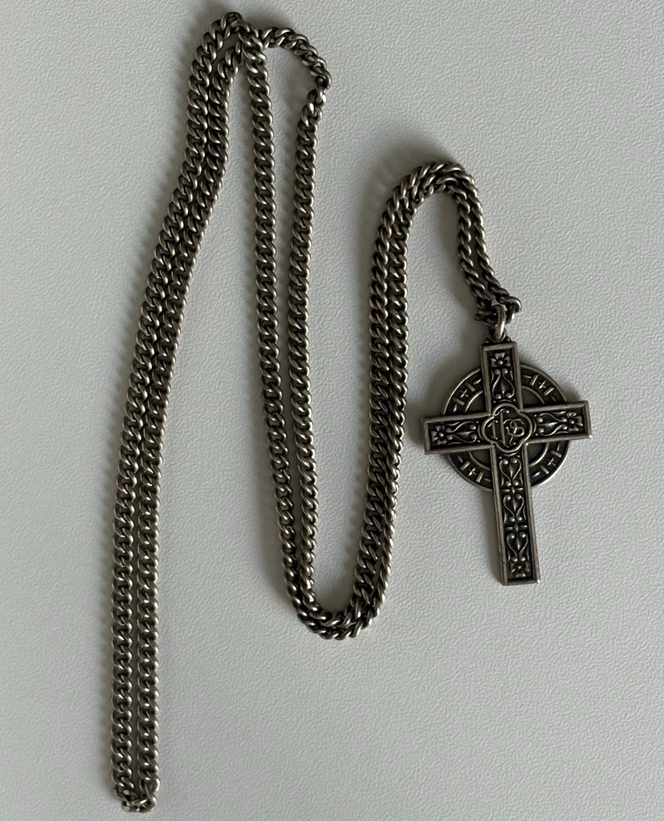 VTG Sterling Silver Celtic Cross Pendant Endless Over The Head Curb Chain 20.5g