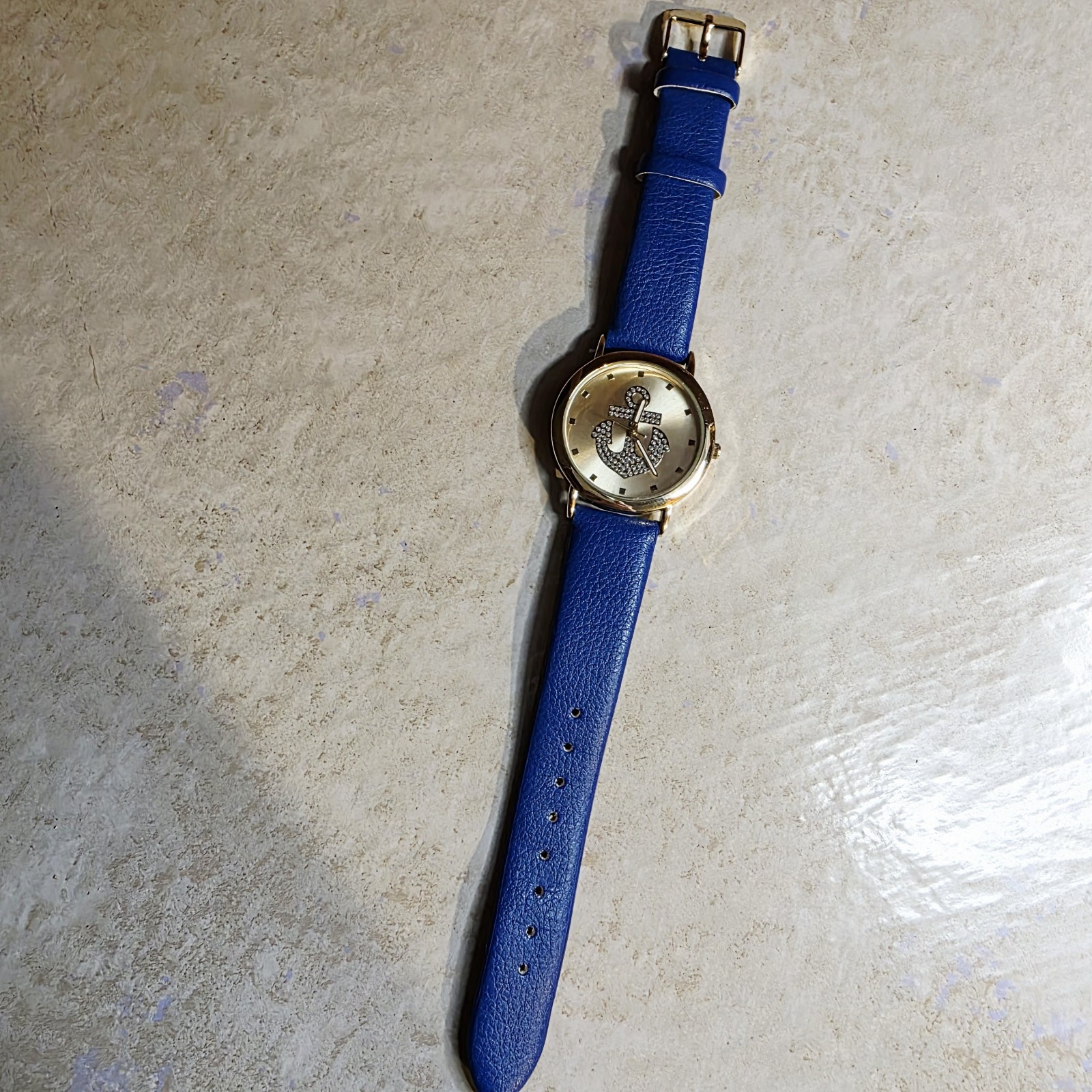 New Nautical Gold Face Watch Crystal Jewel- Studded Anchor Decor Blue Band.