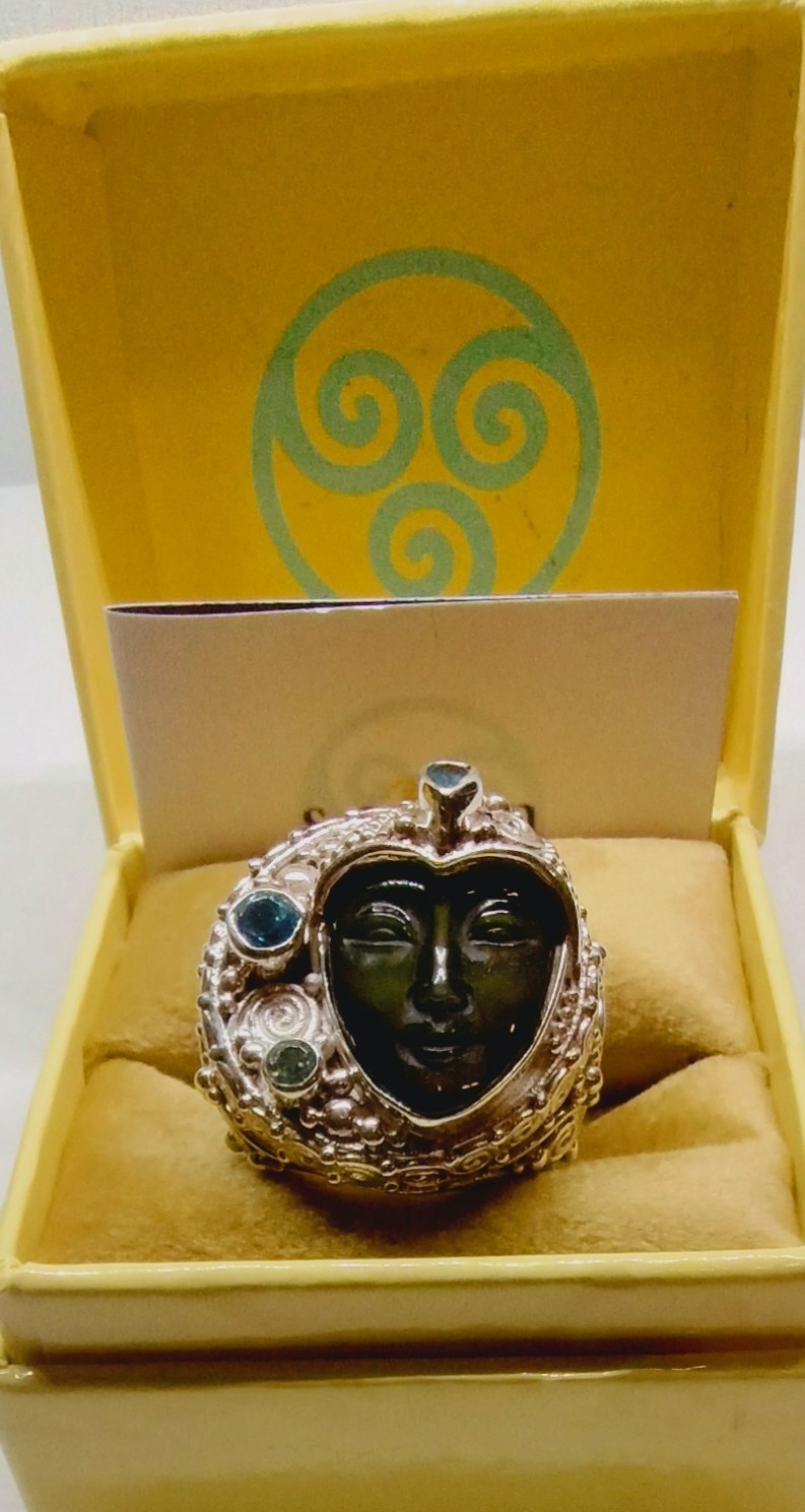 Sajen Rainbow Obsidian Carved Goddess MultiGemstone Sz6 Ring 925 Silver 8.00ctw