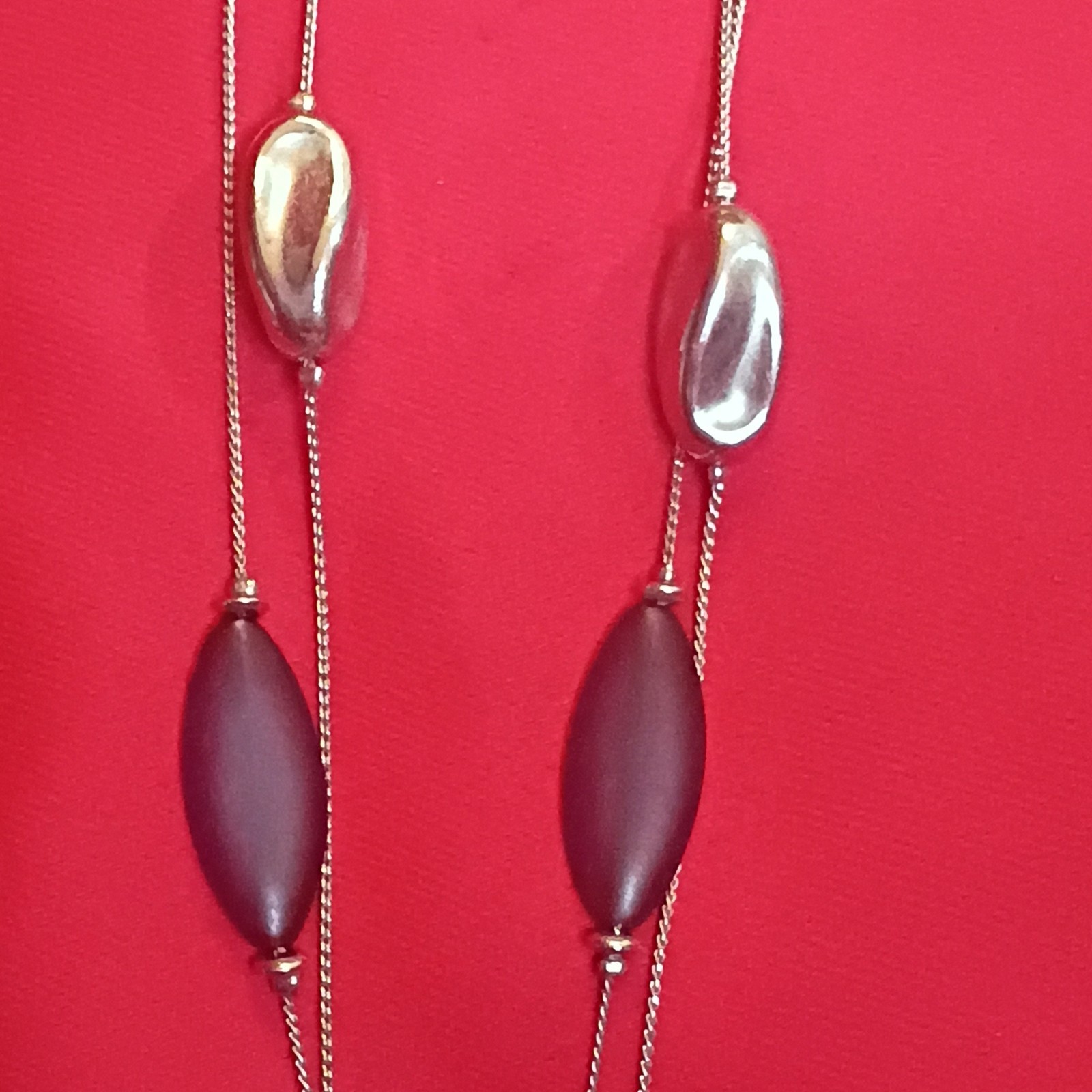 Silver Tone Rope Chain Station Necklace Red Beads Lobster Clasp