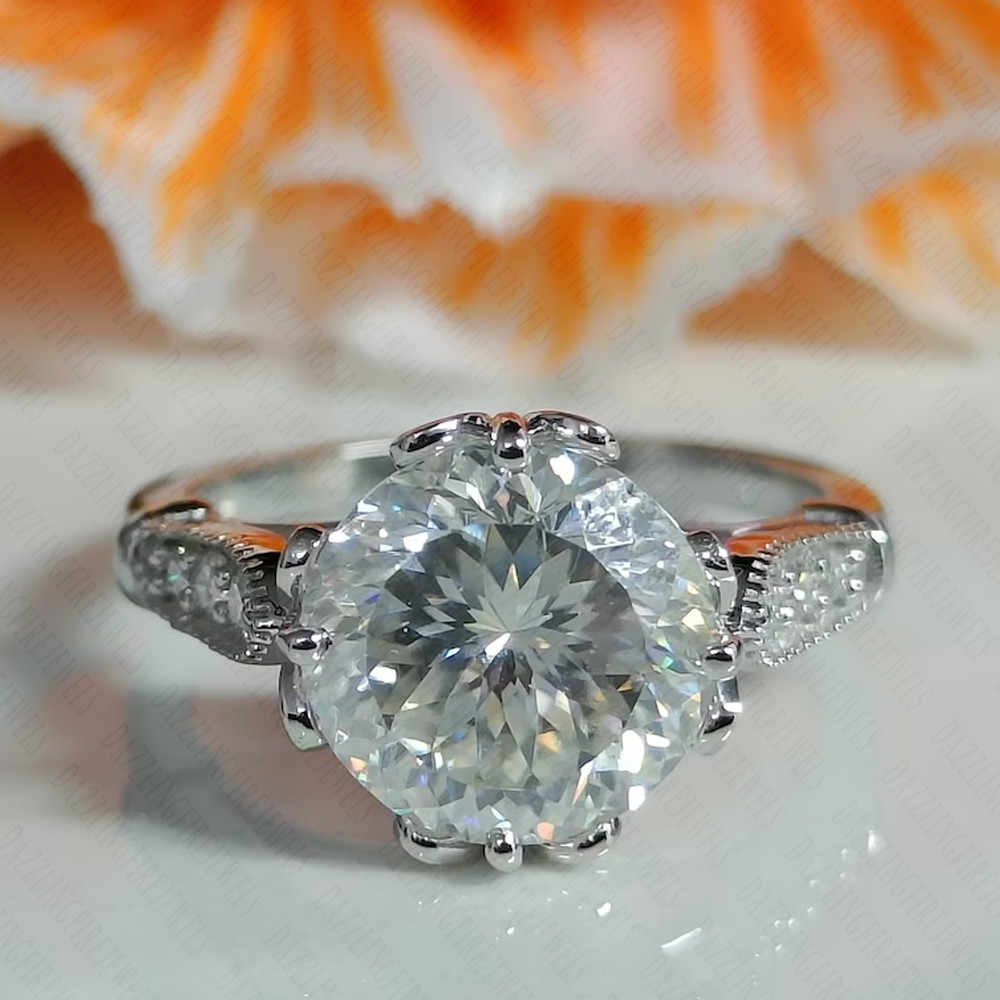 2.56 TCW Round Cut Portuguese Moissanite Engagement Ring 14k White Gold Plated