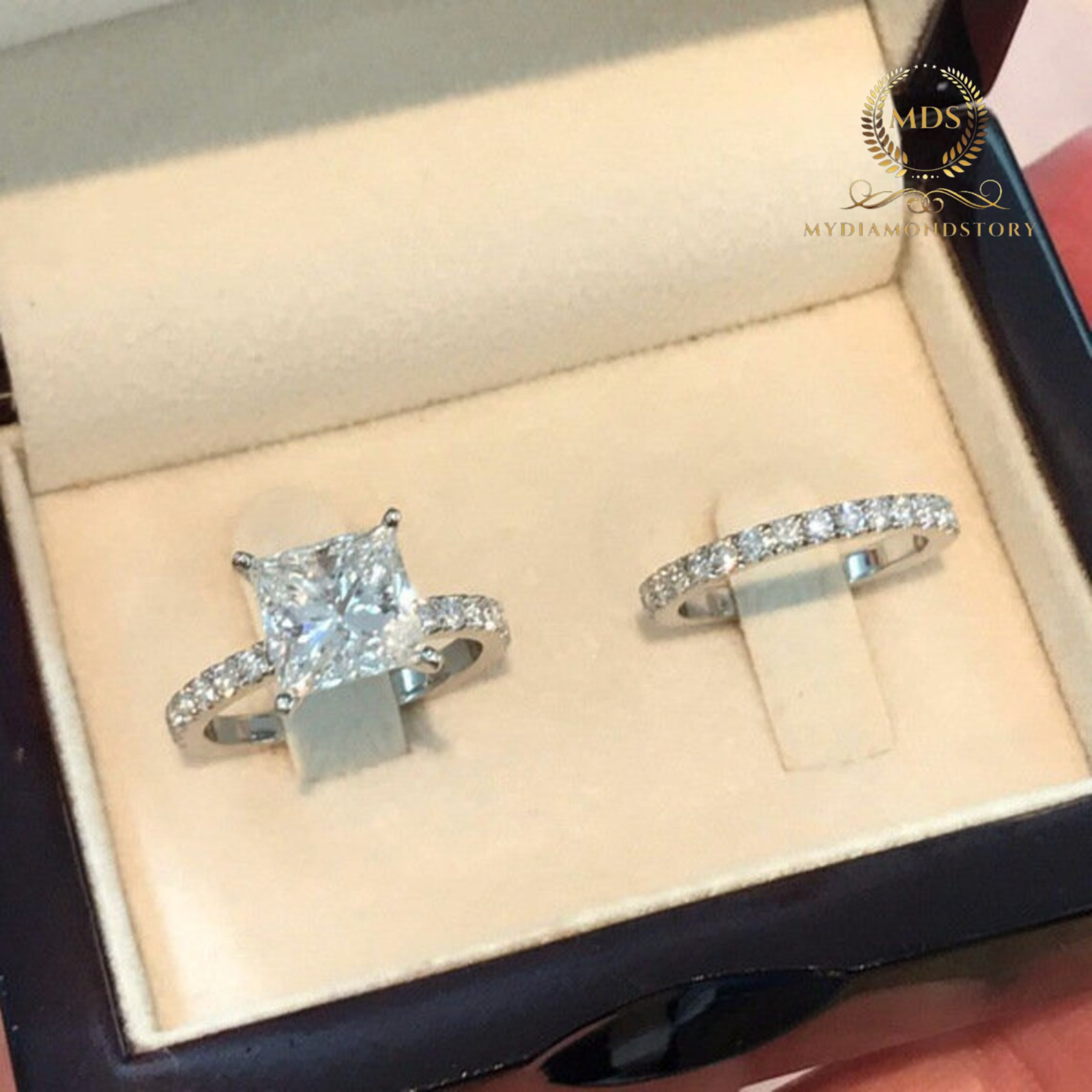 3 Carat Princess Cut Moissanite Bridal Set Engagement Ring Solid 14K White Gold