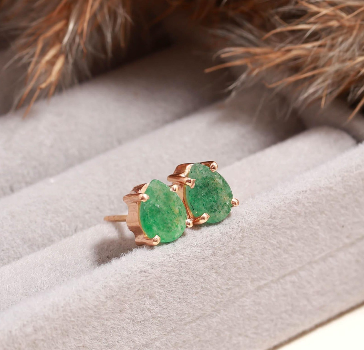 Natural Green Strawberry Pear Stud Earrings Rose Gold Fill Solid silver Jewelry