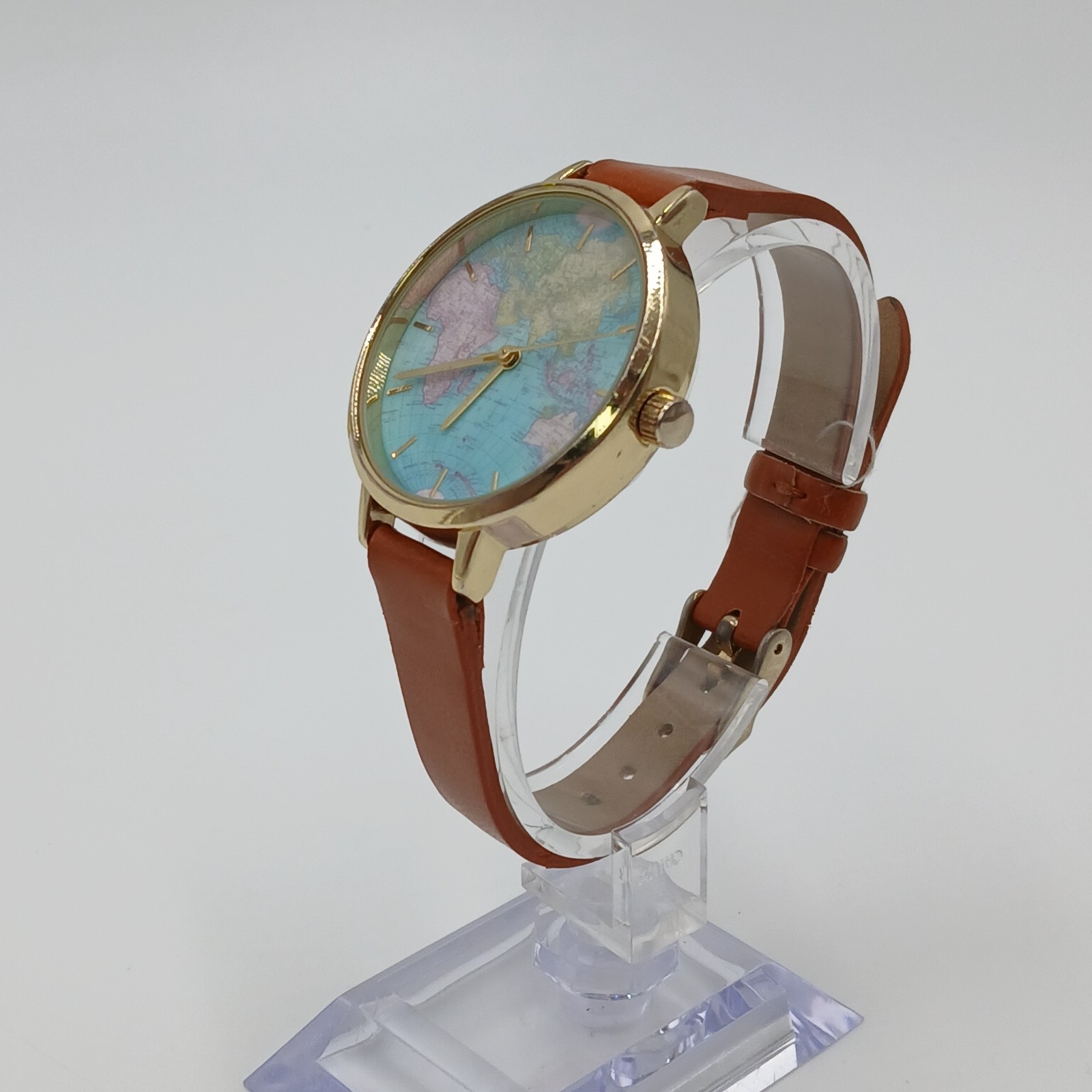 World Map Dial Watch Brown Leather 8in Strap Gold Tone Quartz Japan New Battery