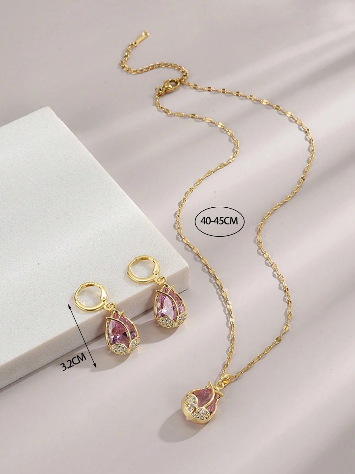 3Pcs/Set Stainless Steel Tulip Decorated With Full Rhinestone Necklace For Women
