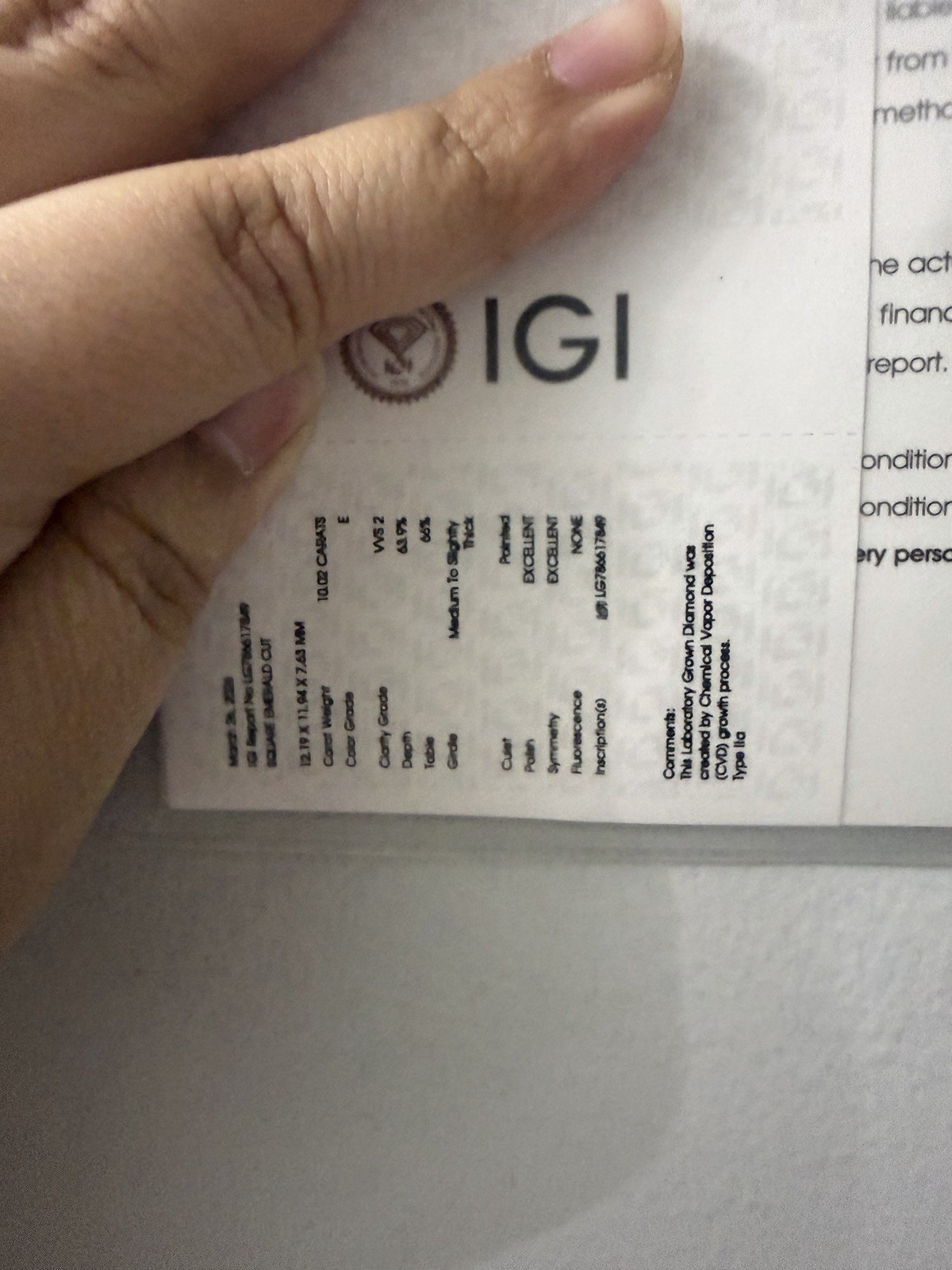 10.02 CT IGI Certified Lab-Grown Diamond | E Color | VVS2 | Square Emerald Cut