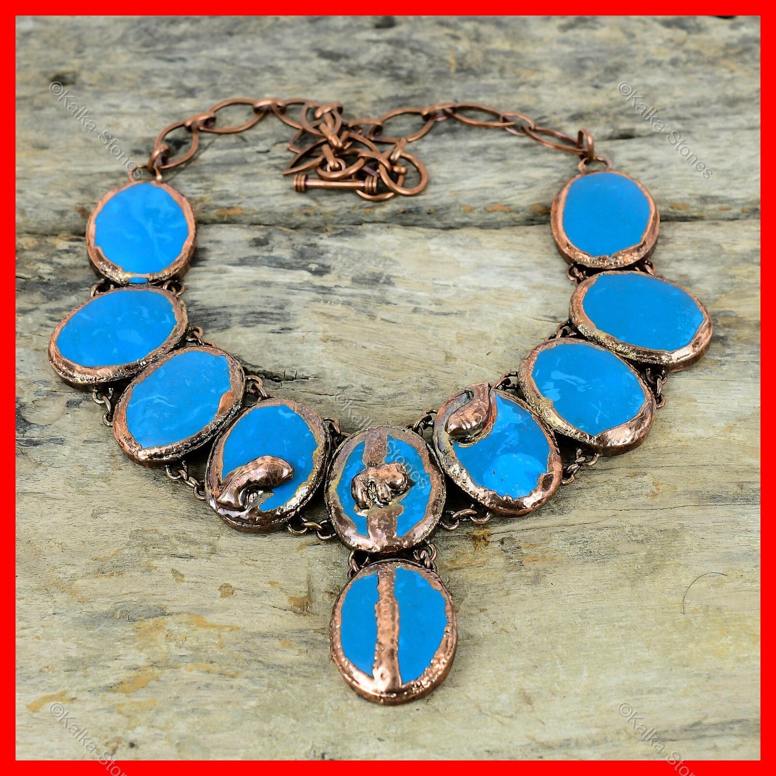 Oval Sleeping Beauty Turquoise Stone Copper Electroformed Chain Necklace Jewelry