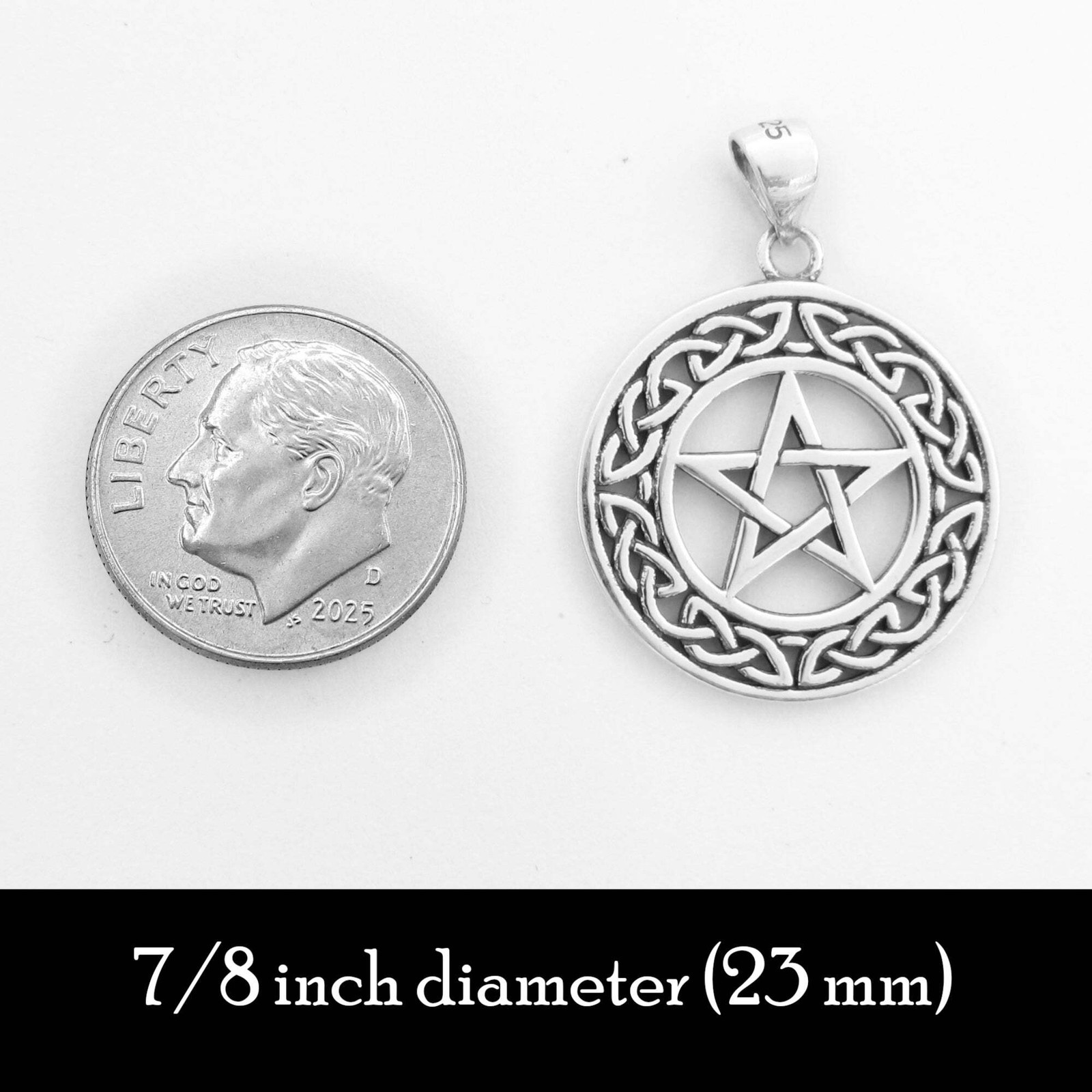 Pentagram Pendant Only – No Chain – Celtic Knot Border – 925 Sterling Silver