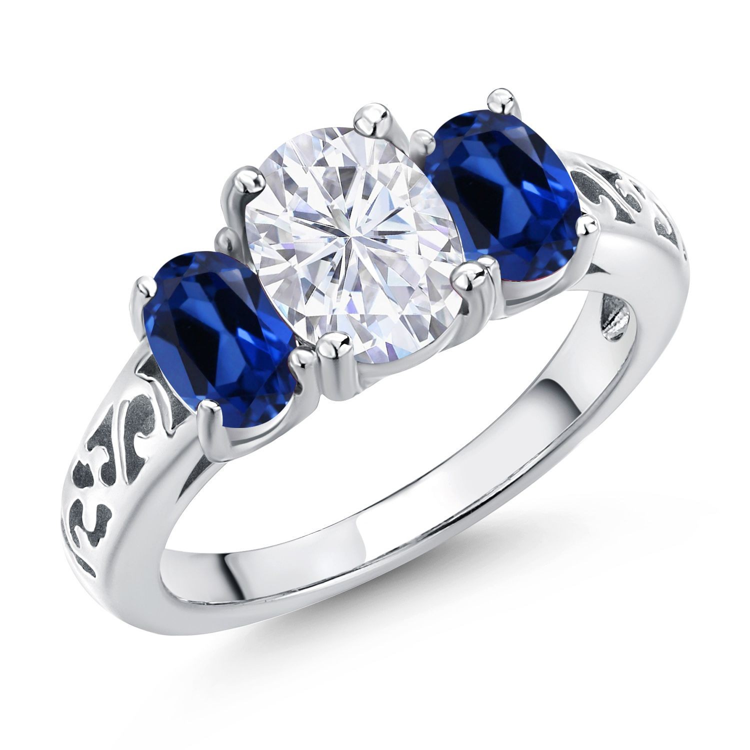 925 Sterling Silver White Moissanite and Created Sapphire Filigree Style 3