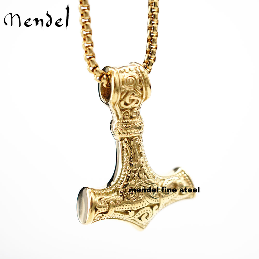 MENDEL Mens 10k Gold Plated Viking Thors Hammer Mjolnir Pendant Necklace For Men
