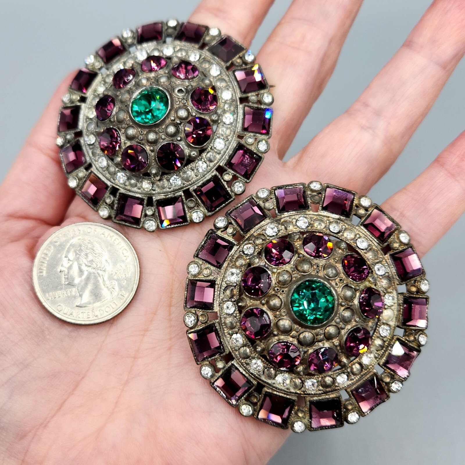1930s Pair Purple Green Rhinestone Pot Metal Large Round Brooches Coat Pins