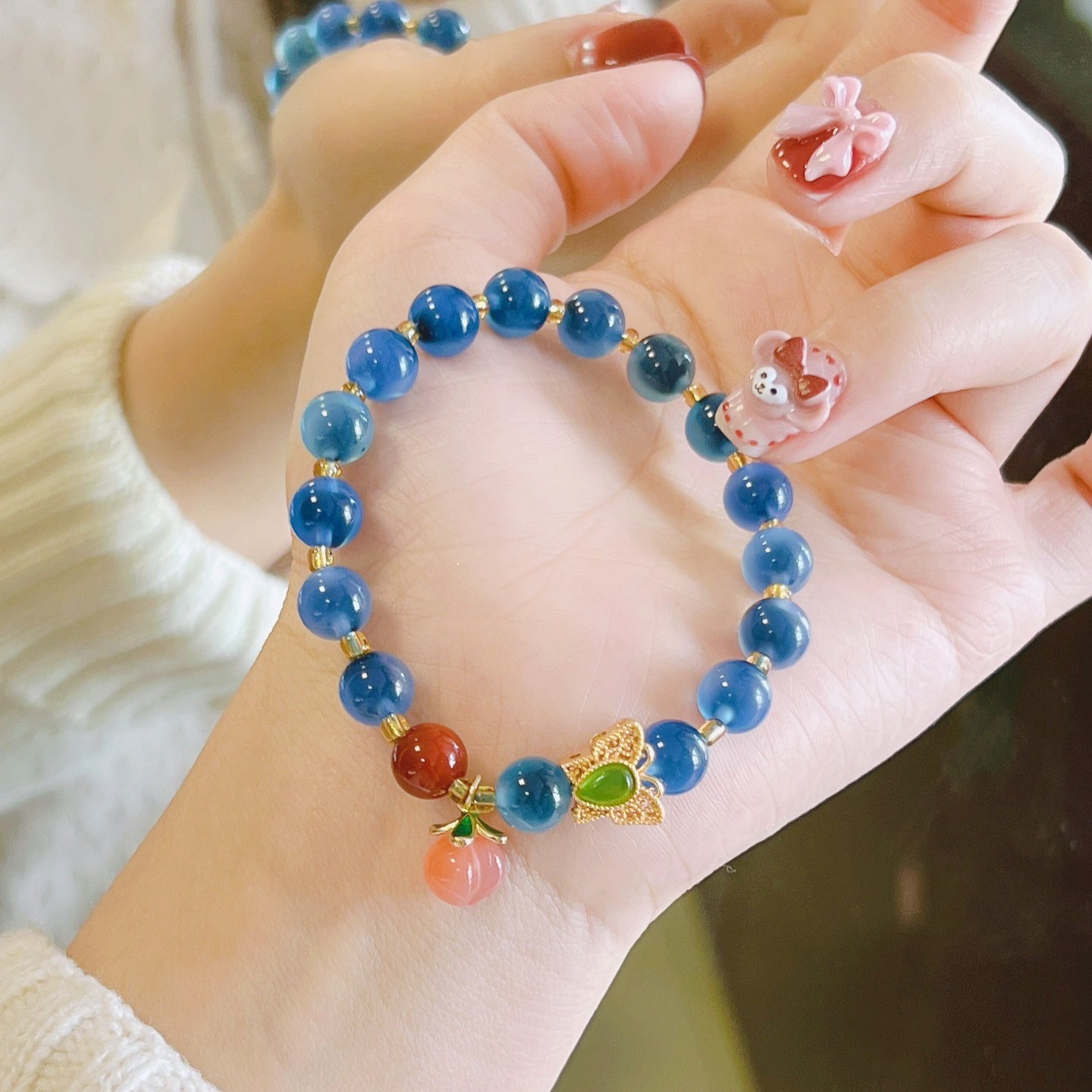 8mm Natural Blue Agate Safety Buckle Handmade Bracelet