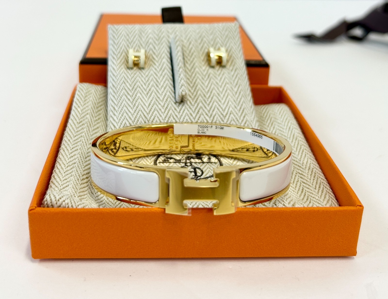 Hermès Mini Pop H Earrings & Clic H Bracelet Blanc White Gold Plated Set NEW