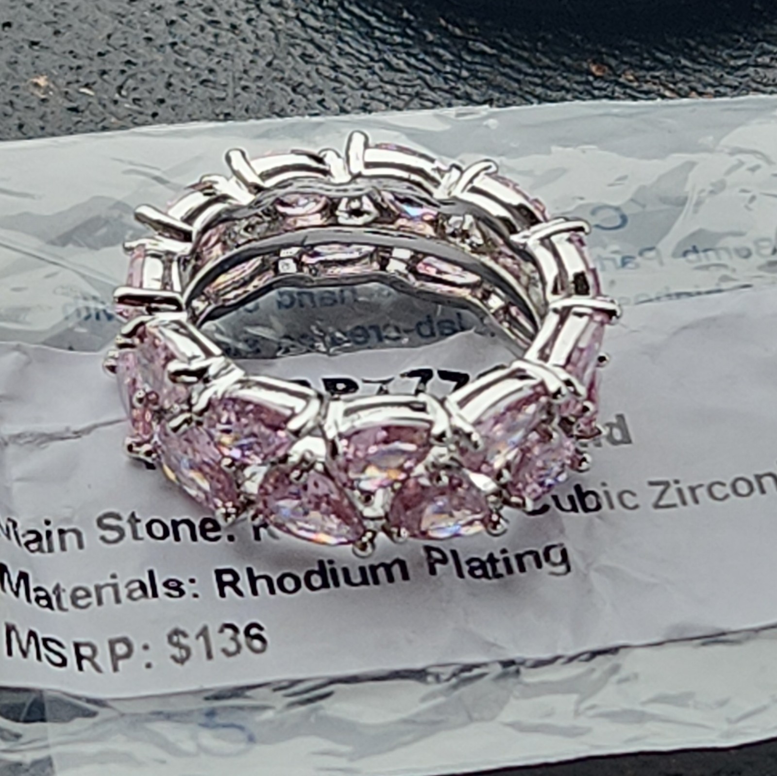 Ring Bomb Party “The Scattered Band” Ring Rose Quartz CZ Rhodium Plated Sz 8