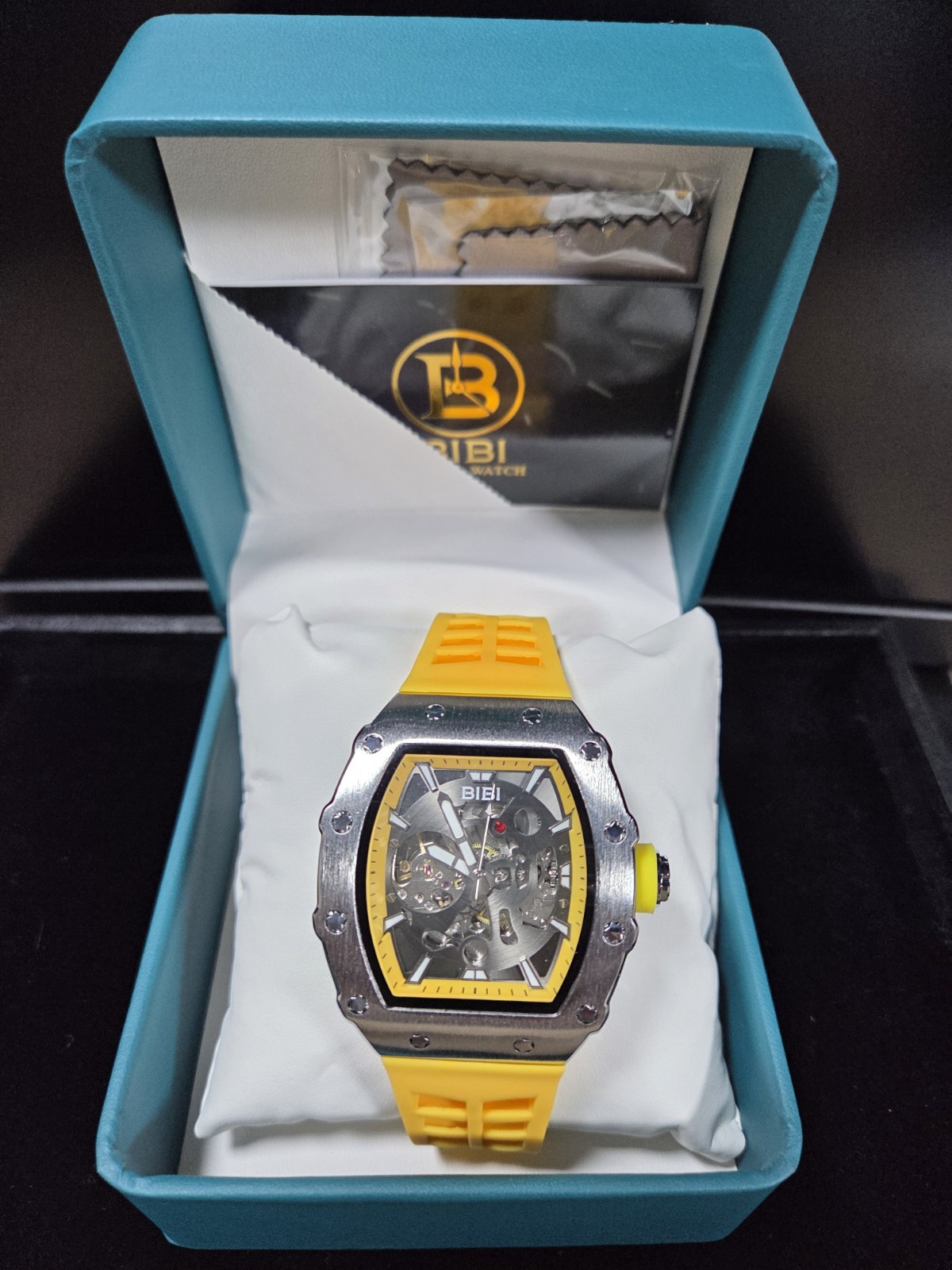 BIBI Luxury Watch BB395 Skeleton Dial Brushed Silver Case, Yellow Silicone Strap