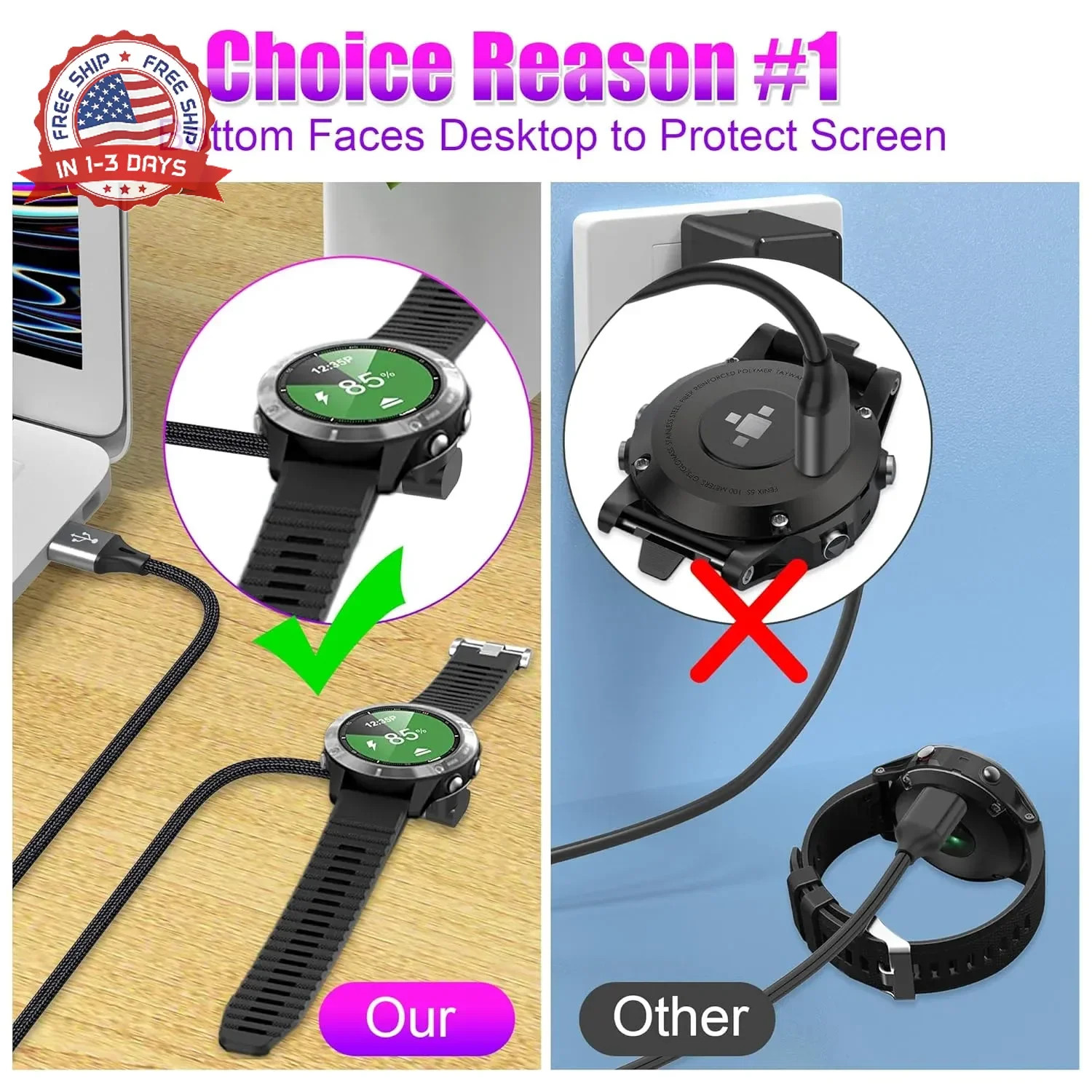 AGVEE 2 Pack 3.3ft Charger Cable for Garmin Watch, L-Shape Braided Charging Cord