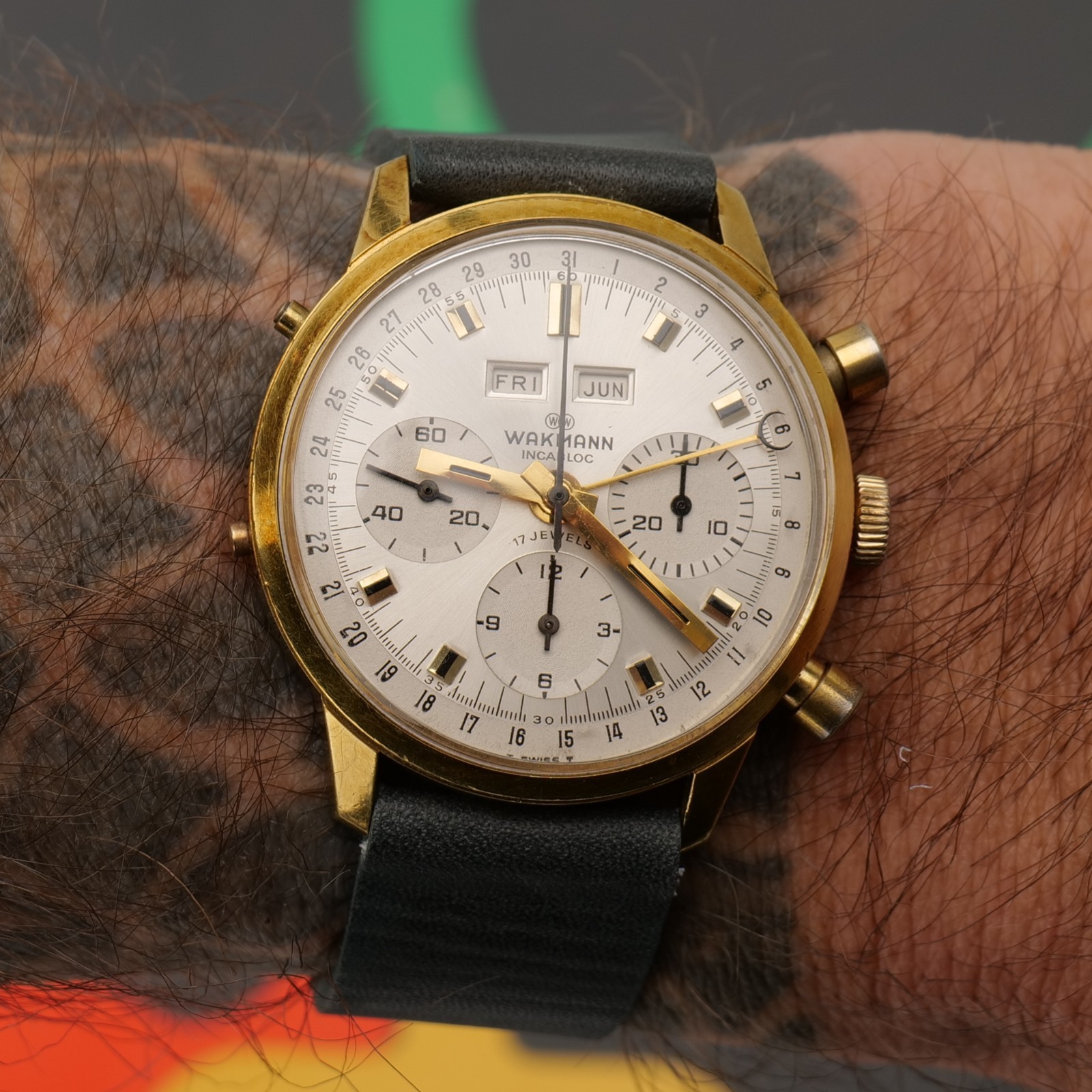 Vintage Men’s Wakmann Triple Date Chronograph Calendar Valjoux 730 Serviced