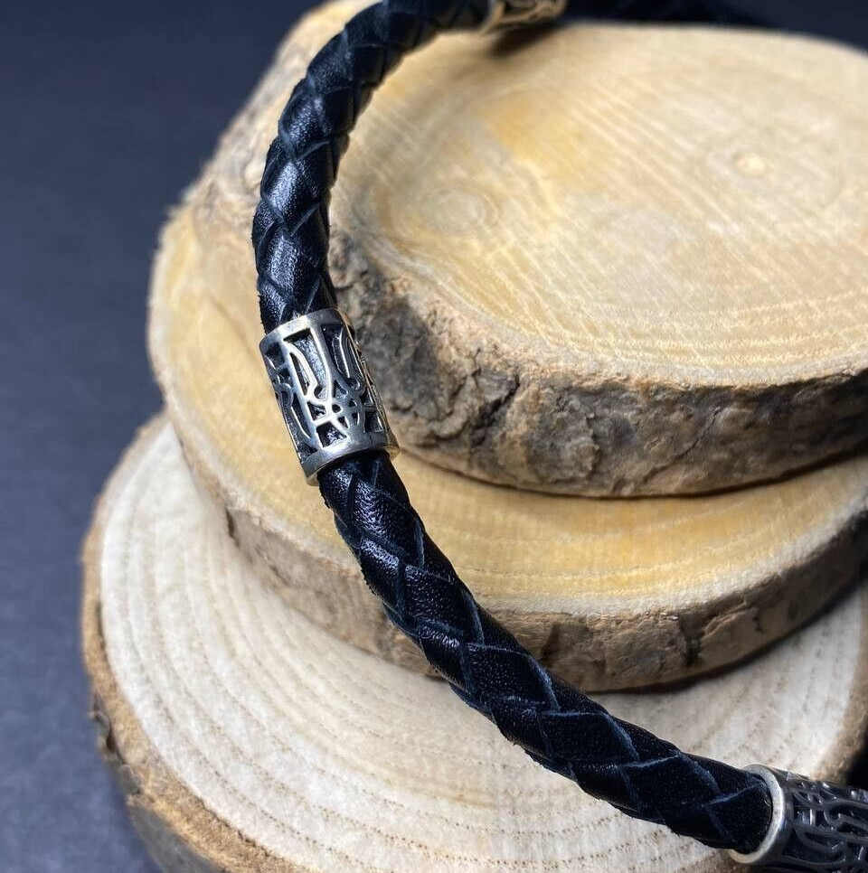 Black Leather Men Bracelet Ukrainian Symbols Trident Silver 925