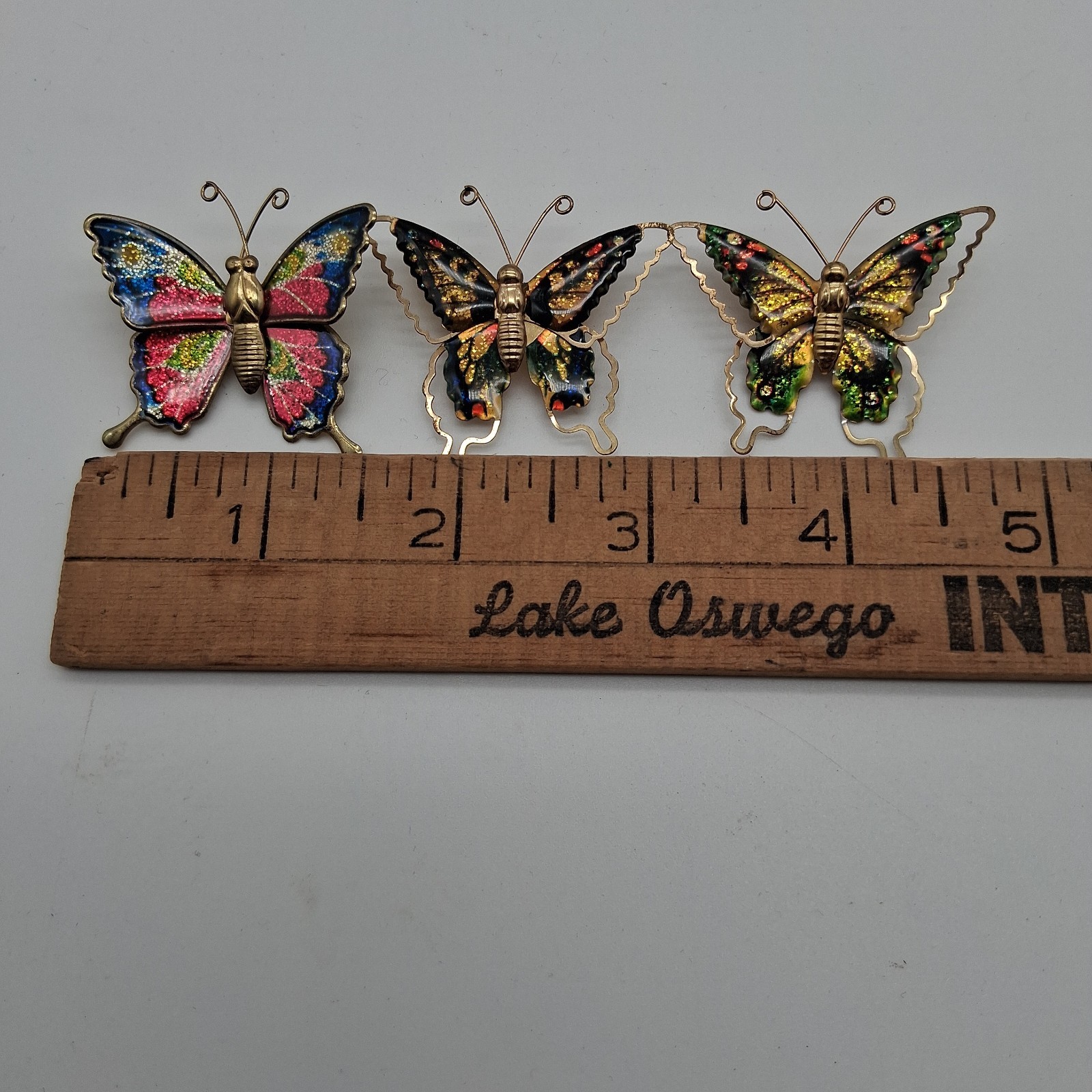 Three Vintage Metal And Enamel Butterfly Brooches, Taiwan