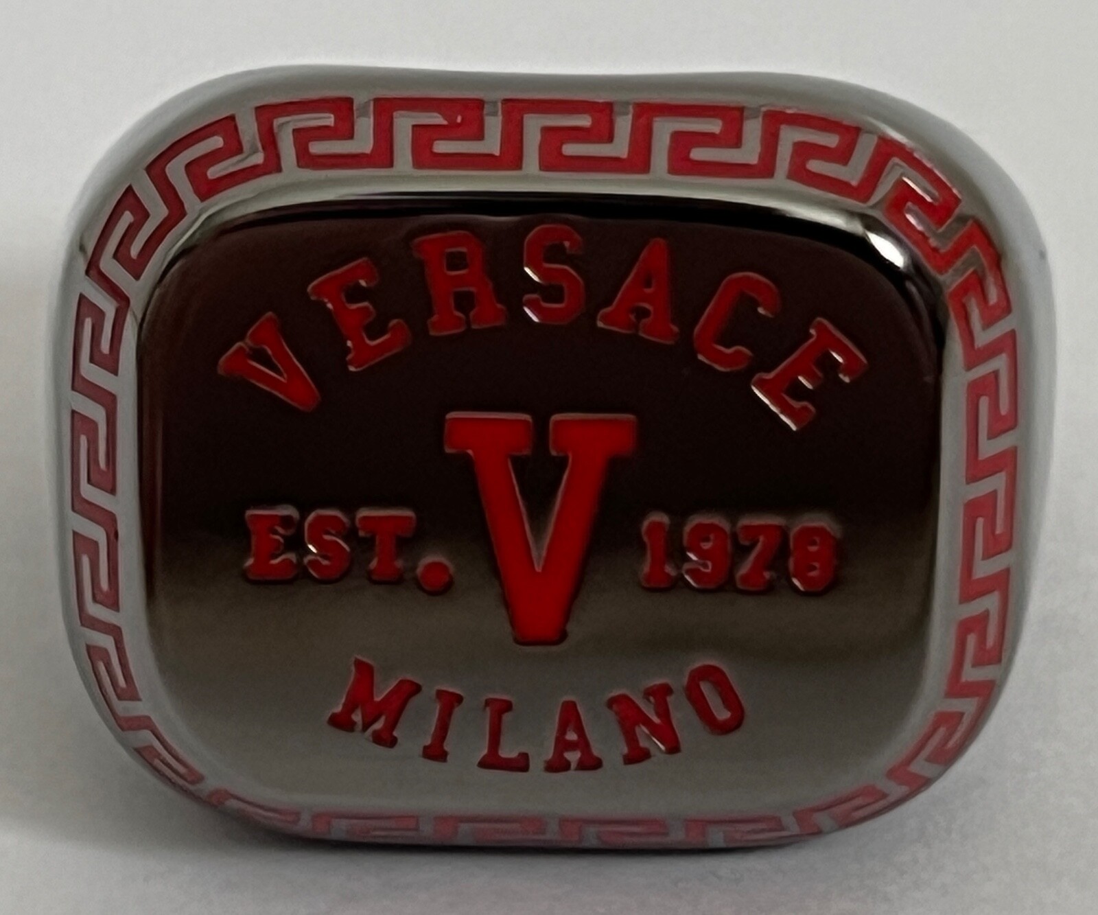 NIB Versace Varsity Red V Greek Key Logo Ruthenium Signet Ring Sz 17 US 8 $495