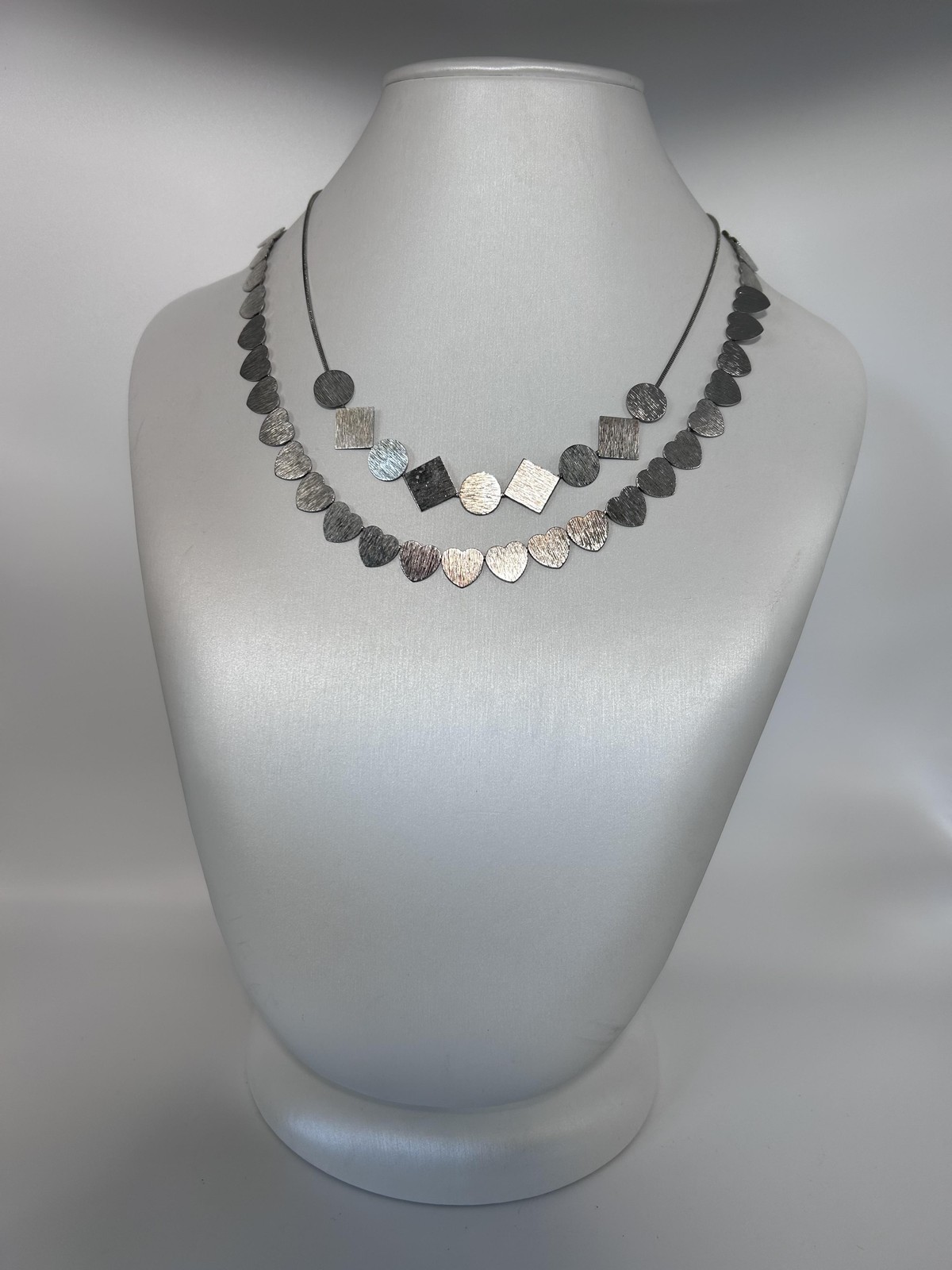 Necklace Silver Tone Layered Heart Circle Square Station Lobster Clasp 18 In