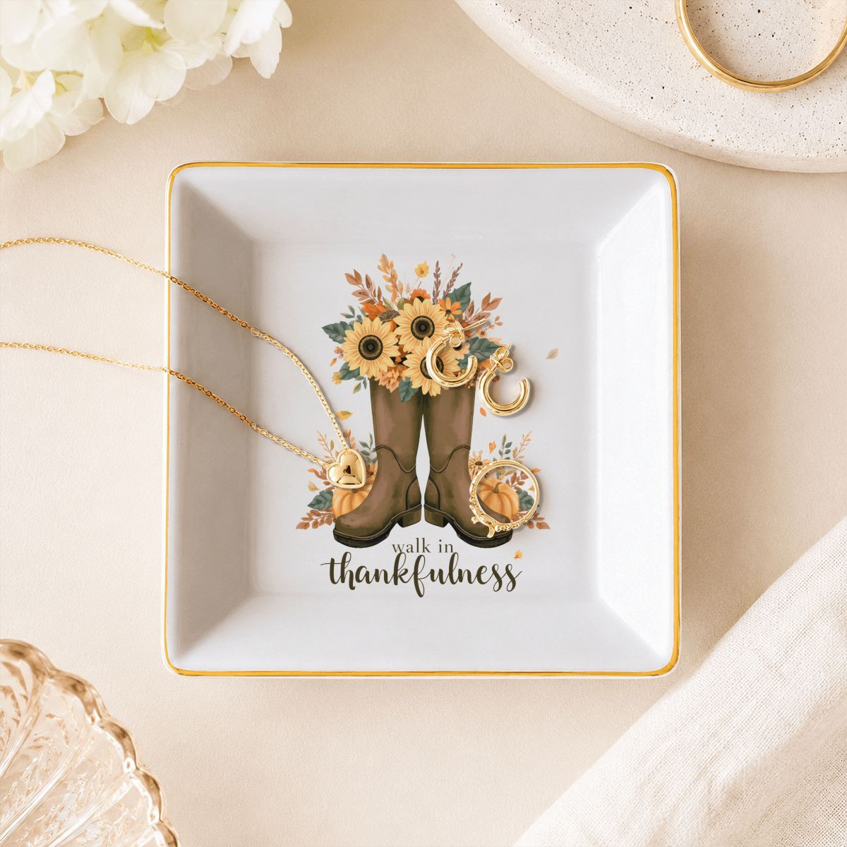 Walk In Thankfulness Hippie Flower Jewelry Dish Trinket Ring Holder Boho Decor