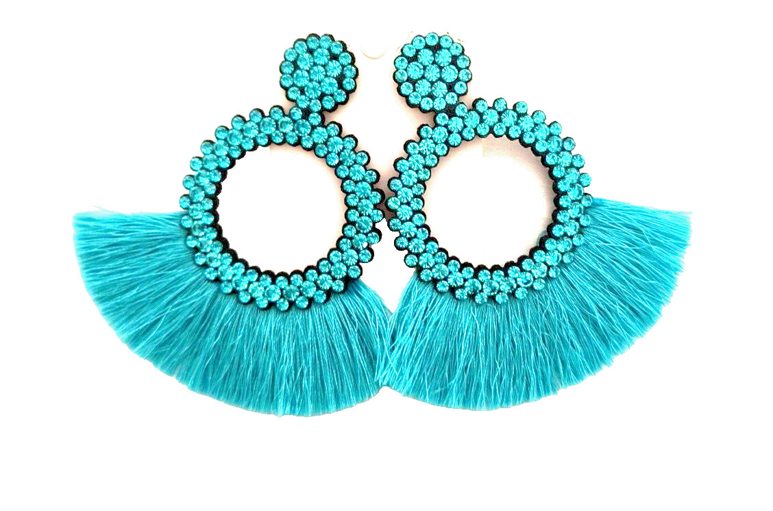 New Fashion Jewelry Dangle/ Drop Earrings Aqua Fringe Crystals Appx 3.5 inx3 in