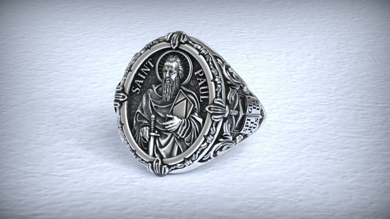 Mens Saint Paul Apostle Sword & Bible Symbol Christian 925Silver Statement Rings