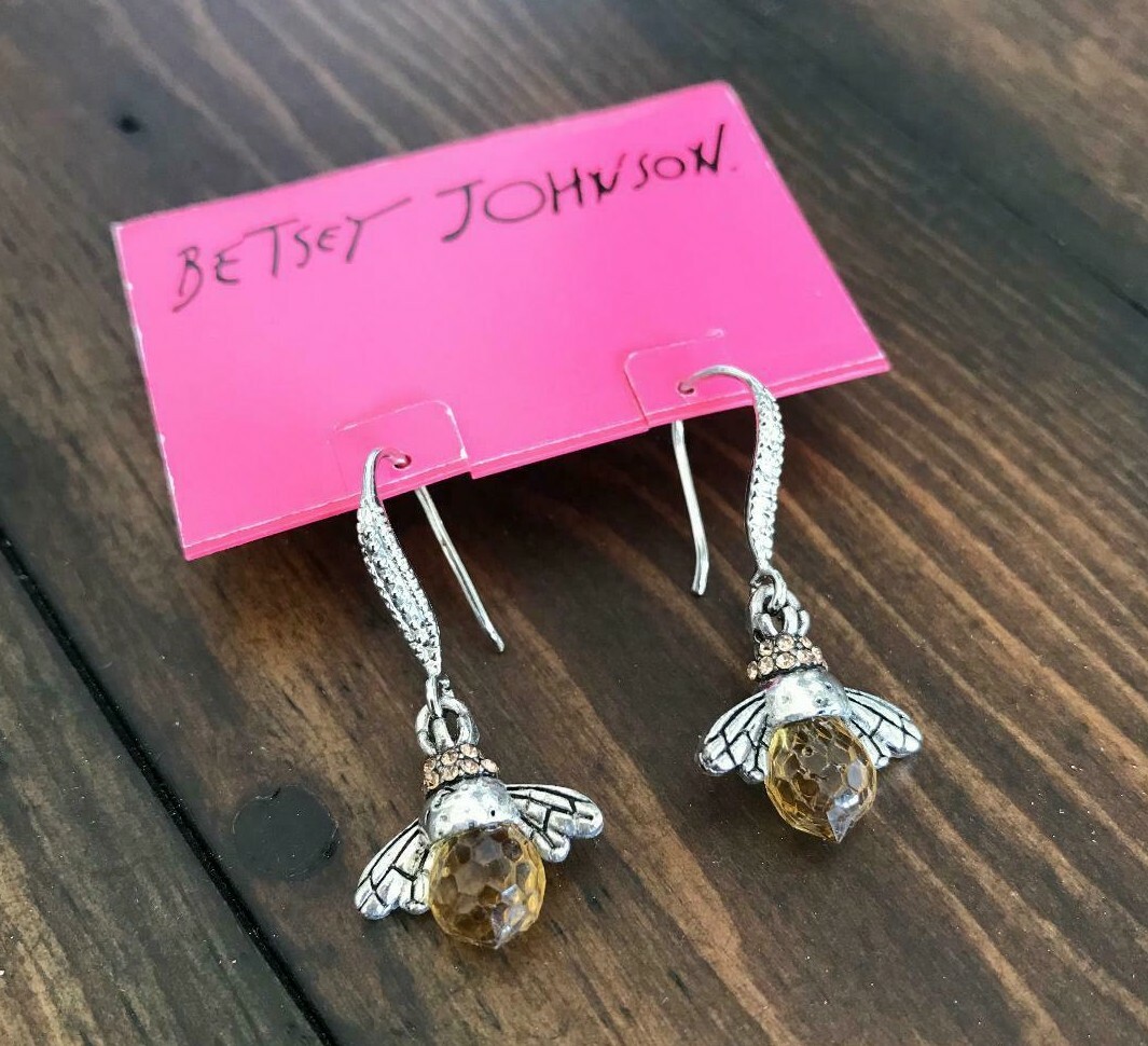 US Seller Betsey Johnson Silver Amber Crystal Bee Dangle Earrings Acrylic