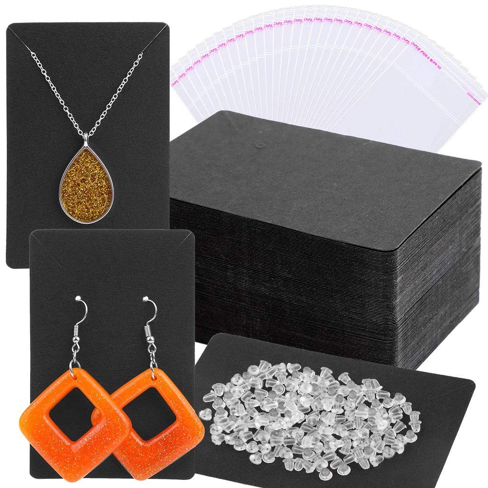 Anezus Earring Display Cards with Bags and Backs for Jewelry Packaging Black
