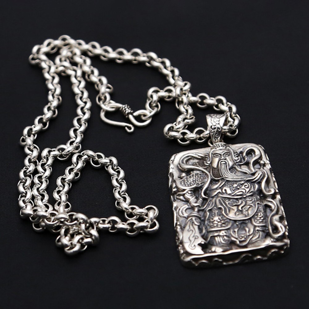 Pure S925 Sterling Silver Men Women Carved Dragon Guangong Oblong Pendant 34-35g