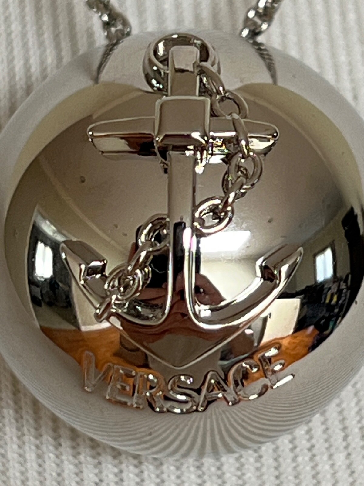 NIB Versace Nautical Anchor Logo Large Silver Sphere Round Pendant Necklace $975