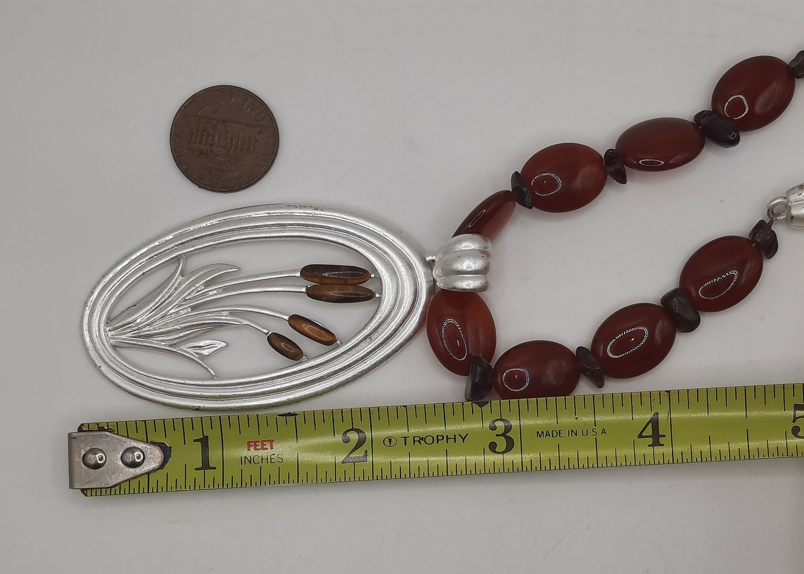 Cattail Pendant Necklace Tigers Eye Carnelian & Garnet Leather Cord 16-18.5″