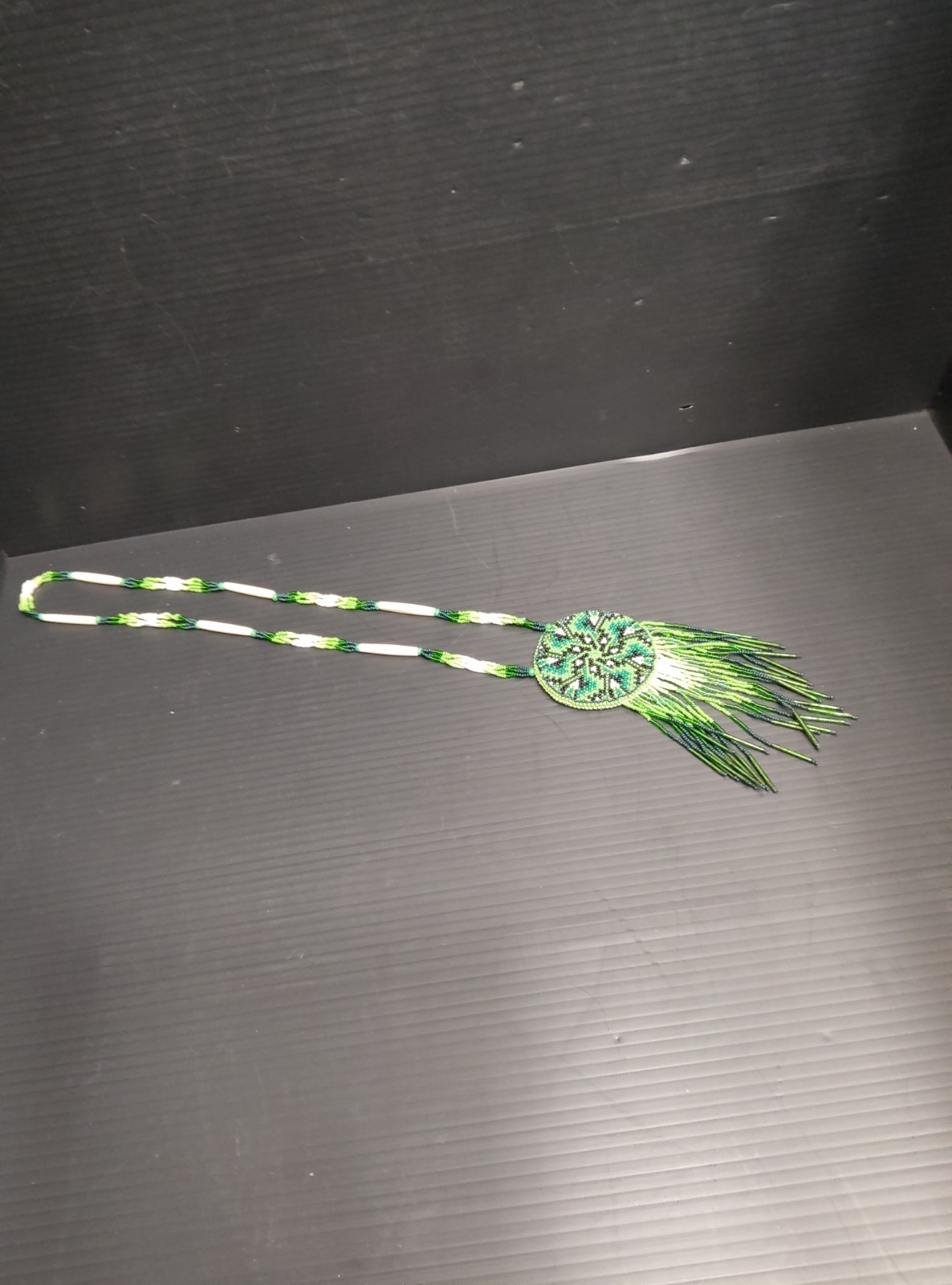 Handmade Beaded Medallion Necklace Long Fringe Southwestern Boho Green 20in