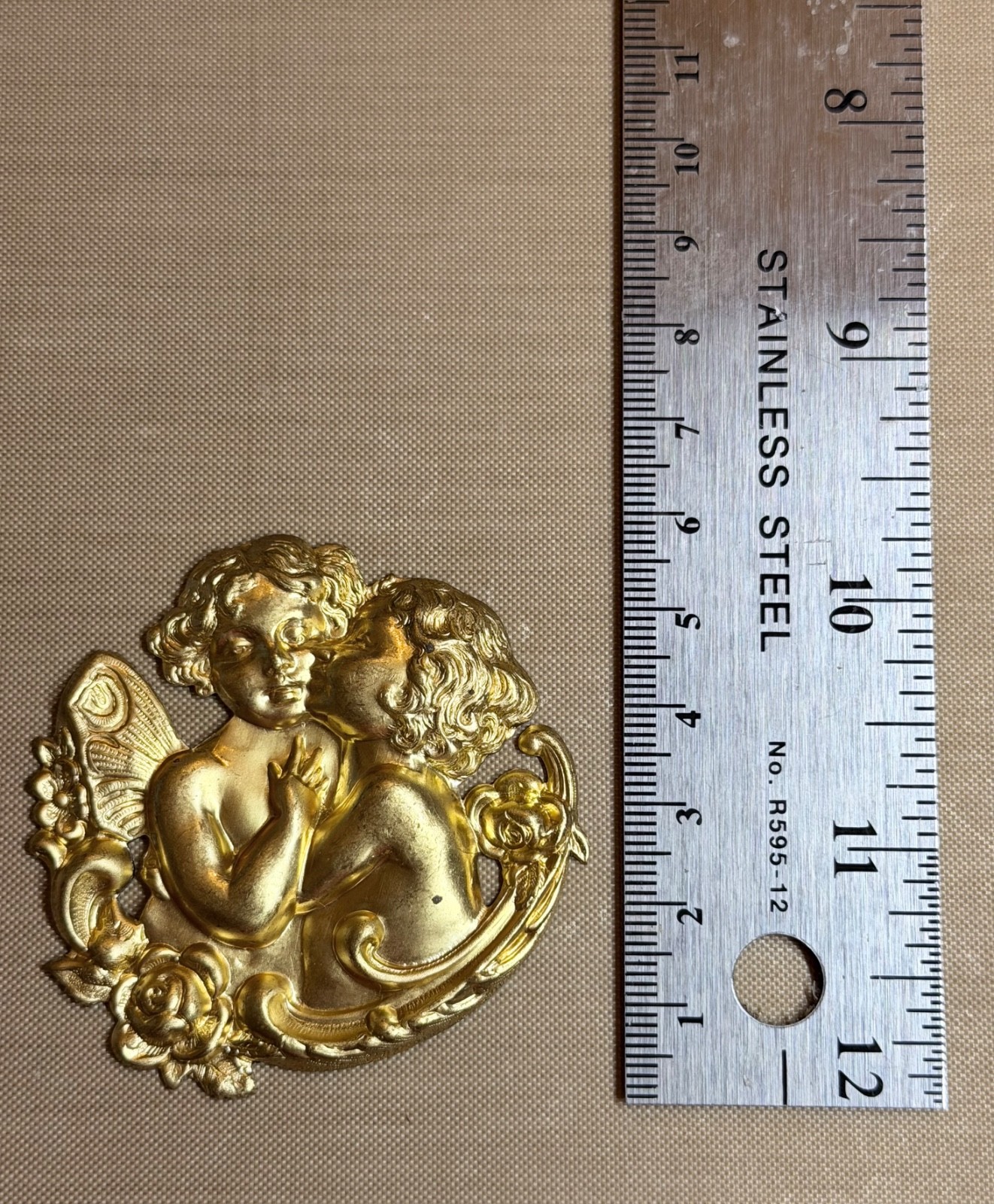 Large Vintage Brass Cherub Butterfly Wing Stamping 56mm Art Nouveau Jewelry Find