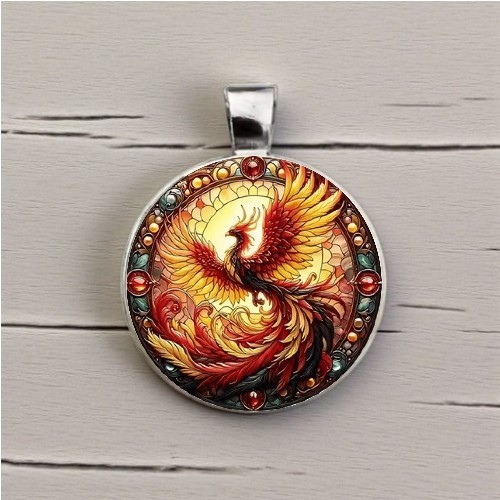 Retro Red Phoenix Round Glass Art Pendant / Charm (No Chain)