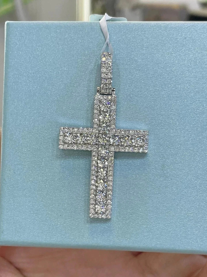 3 Ct Round Cut Moissanite Men’s Religious Cross Pendant Real 925 Sterling Silver