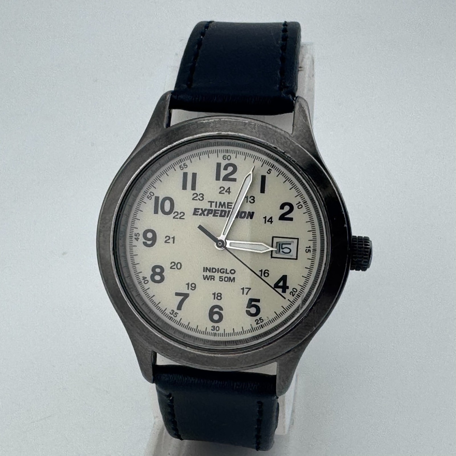 Timex Expedition Indiglo Quartz Watch Men Black Leather Date Analog New Battery